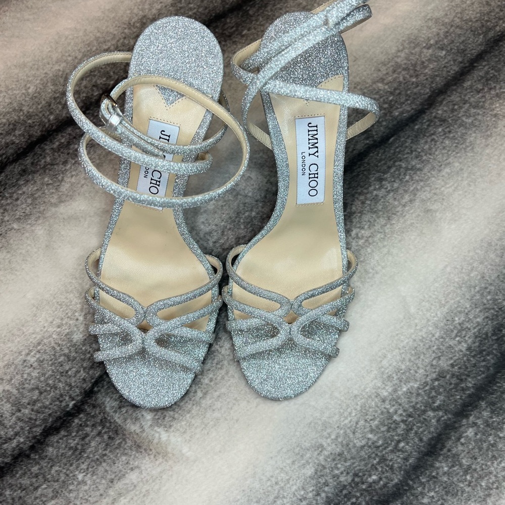 Jimmy Choo Mimi 100 mm Silver Fine Glitter Fabric Sandals Heels - Picture 3 of 8